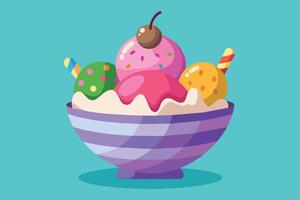A cartoon illustration of a colorful ice cream sundae in a striped bowl with whipped cream and a cherry on top. vector