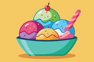 A cartoon illustration of a colorful ice cream sundae with sprinkles and a cherry on top, served in a blue bowl with a candy cane stick. vector