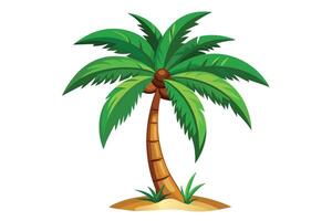 A cartoon illustration of a single palm tree with lush green fronds growing on a sandy beach. The palm tree has a brown trunk and green leaves. The beach is a light brown color. vector