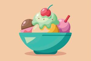 A cartoon illustration of a colorful ice cream sundae in a blue bowl on a tan background. vector