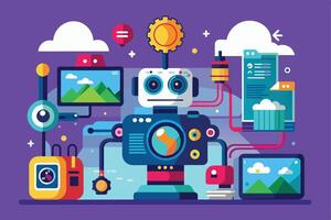 A stylized illustration depicting a robot with a camera connected to a cloud server and data storage, symbolizing the integration of technology and automation. vector