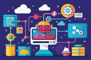 A colorful illustration of an AI robot working within a cloud computing environment, surrounded by icons representing software development tools and processes. vector