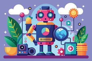 A digital illustration depicting a robot surrounded by colorful technology, nature, and various interconnected elements, suggesting automation and integration. vector