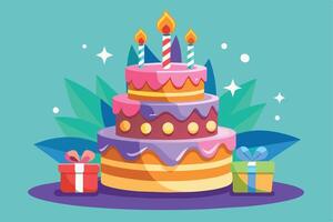 A three-tiered birthday cake with lit candles sits on a table with two presents. The cake is decorated with pink, purple, and yellow frosting, with a layer of chocolate sprinkles. vector
