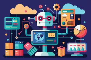 An illustration of a robot working with data and technology, surrounded by various devices, charts, and clouds. vector