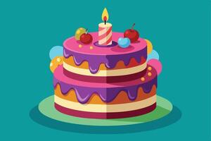 Digital illustration of a two-tier birthday cake with colorful frosting, cherries, and a lit candle on a green plate against a teal background. vector