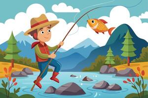 A boy in straw hat stands on a rock, fishing in a mountain river. His line has a big fish. Sky and trees provide scenic backdrop. vector