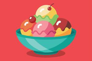 A digital illustration of four colorful ice cream scoops in a blue bowl on a red background. The ice cream is topped with cherries and chocolate sauce. vector