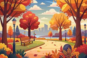 A colorful illustration of an autumn park scene with a bench, path, trees, and a city skyline in the background. vector