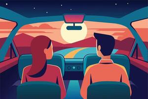 A couple sits in the front seats of a car, facing forward, as they drive towards a sunset on a scenic road trip. vector