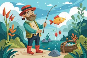 A cartoon fisherman by a lake holds a fishing rod with a caught fish. Lush greenery surrounds the lake, with a basket of more fish nearby. vector