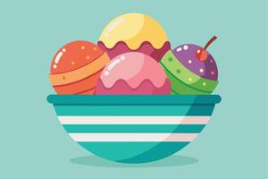 A cartoon illustration of a bowl of ice cream with four different flavors and a cherry on top. vector