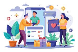 An illustration shows people using a dating app with profile pictures and messages. One person holds a gift while another receives a virtual heart, symbolizing a successful connection. vector