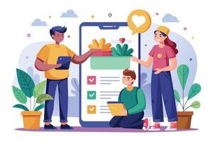An illustration of three people using a mobile phone application with a checklist feature. They are working together to create a checklist for an unknown task. vector