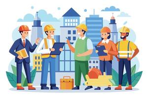 Five construction workers, wearing hard hats and work uniforms, meet in front of a city skyline to discuss plans. vector