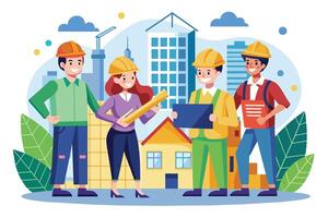 An illustration of four construction workers in hard hats discussing plans in front of a building site. The workers are smiling and appear to be collaborating on a project. vector