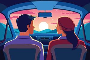 A cartoon illustration of a couple driving in a car. They are looking out the window at a beautiful sunset over the mountains. vector