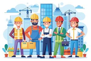 A cartoon image of five construction workers standing in front of a city skyline with construction cranes. vector