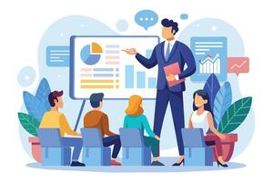A businessman stands in front of a whiteboard with financial charts and graphs, presenting data to his team during a business meeting. vector