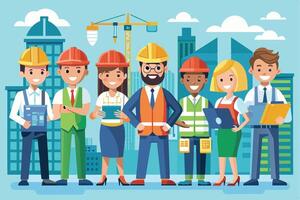 A team of diverse construction workers in hard hats and work clothes are smiling and standing in front of a cityscape. vector