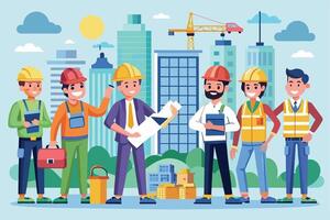 Construction workers in hard hats review blueprints in front of a city skyline, smiling and working together on a large project. vector
