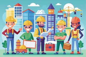 A group of construction workers of different genders and ethnicities stand together smiling and holding tools. They are in front of a city skyline with buildings and a construction crane. vector
