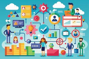 A colorful illustration depicting business professionals working together on a complex project, utilizing technology, data analysis, and teamwork to achieve success. vector