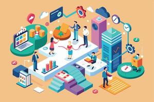 This is a colorful isometric illustration of a business team working together on a project, with various elements such as a laptop, graphs, charts, and clocks. vector