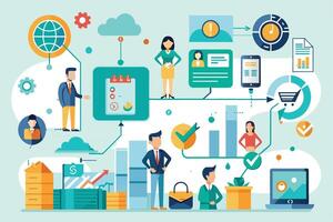 An illustration depicting a team of people working together, collaborating, and utilizing various tools to achieve business goals and drive profit growth. vector