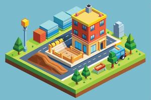 An isometric illustration of a city street with a construction site in front of a three-story building. vector