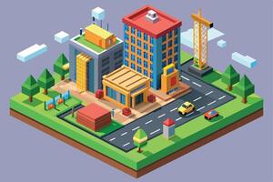 An isometric illustration of a city block under construction. The scene features a tall building, a crane, cars, trees, and clouds. vector