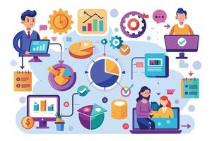 An illustration depicting a team of business professionals analyzing data and collaborating on projects, with various charts, graphs, and icons representing key business concepts. vector