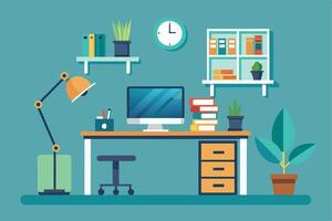 A modern home office desk with a computer, desk lamp, books, and plants. The desk has a drawer unit and a swivel chair. vector