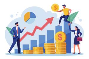 An illustration of a business team working together to achieve financial success, represented by a growing chart with stacks of gold coins. vector