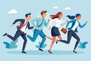 illustration of 4 business professionals running in a light blue sky setting, wearing business attire and smiling. Symbolic of ambition. vector