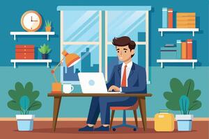 A cartoon illustration of a businessman sitting at his desk in a modern office, working on his laptop. Hes dressed in a blue suit and red tie, with a bookshelf behind him. vector