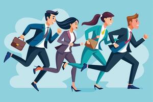 A cartoon illustration of four business professionals running in suits and carrying briefcases. They are all in mid-stride, and they are all smiling and looking determined. vector