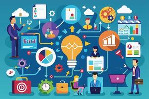An illustration of a business strategy with a lightbulb at the center, surrounded by interconnected ideas, data, and people working together to achieve success. vector