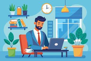 A man works on his laptop at his home office desk. There are plants, a book, a mug, and a clock in the background. vector
