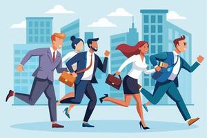 An illustration depicting five business professionals running in a city setting. The individuals appear to be in a hurry, likely rushing to an important meeting or appointment. vector