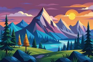 A digital illustration depicting a serene mountain lake scene at sunset. The image features a large mountain peak in the center, surrounded by other peaks and a winding lake. vector