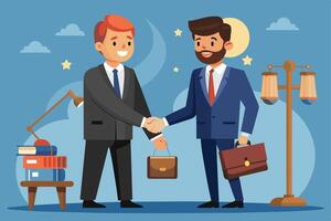 Two men in suits shake hands under a starry night sky, suggesting a successful business partnership. vector