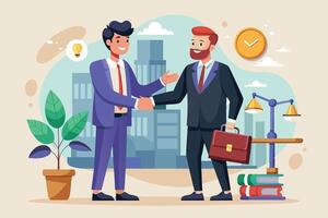 Two businessmen in suits shake hands in front of a cityscape with a law symbol and books. vector