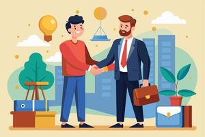 Two men in business attire shake hands in front of a cityscape, symbolizing a successful partnership or agreement. vector