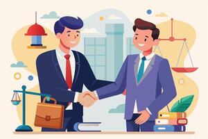 Two businessmen, wearing suits and ties, shake hands in front of a cityscape. They are smiling, suggesting a successful business deal. vector