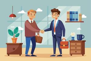 Two businessmen, one in a brown sweater and the other in a blue suit, shake hands in an office setting. The office has a plant, a lamp, and a shelf with books. vector
