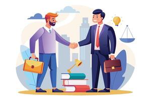An illustration of a businessman shaking hands with a lawyer, standing in front of a stack of books, with cityscape in the background. vector
