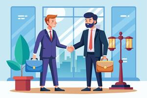 Two businessmen, one with a beard, are shaking hands in a professional office setting. Both are wearing suits and ties, and one is holding a briefcase. vector