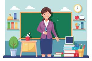 A female teacher stands in front of a chalkboard in a classroom, holding a pen and smiling. The classroom is brightly colored and decorated with plants, books, and a clock. vector