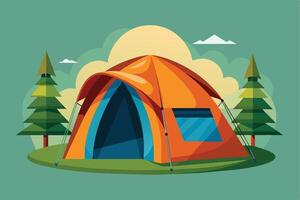 An illustration of a bright orange tent set up in a forest clearing on a sunny day. Two trees are on either side of the tent, with the sky showing a few fluffy clouds. vector